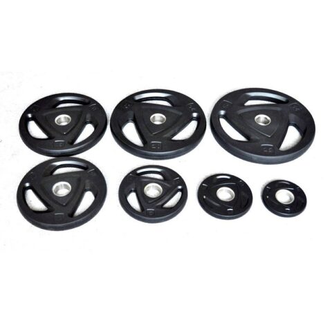 Upgrade your workout with Olympic Tri-Grip Rubber Plates. Built for durability and comfort, these plates feature ergonomic tri-grip handles for easy lifting and are designed to withstand intense training sessions
