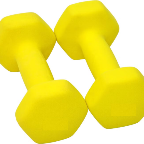 Bright yellow 2.5kg vinyl-dipped dumbbell pair—ideal for light strength training, toning, and rehab. Non-slip coating ensures comfort and control during workouts