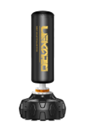 A heavy-duty punching bag hanging in a gym, designed for boxing and martial arts training. The bag is made of durable synthetic leather or PVC material, featuring reinforced stitching and a sturdy chain for secure hanging. It is filled with sand or fabric, providing resistance for effective punches and kicks, and is placed against a neutral-colored gym wall