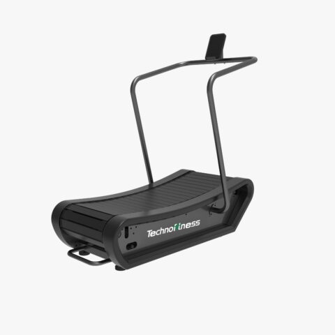 A self-powered manual treadmill with a sleek, modern design. The treadmill features a wide running surface, non-slip belt, and adjustable resistance levels for a customizable workout. It operates without electricity, relying on the user’s movement to power the belt.