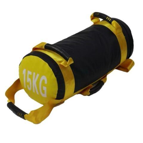 "A durable, cylindrical energy bag with side and top handles for versatile grip options. Designed for functional fitness and strength training exercises like squats, lunges, and presses, the bag is made from tough, synthetic material and clearly labeled with its weight.