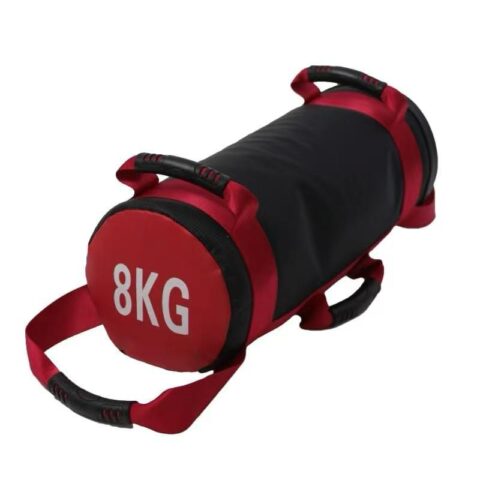 "A durable, cylindrical energy bag with side and top handles for versatile grip options. Designed for functional fitness and strength training exercises like squats, lunges, and presses, the bag is made from tough, synthetic material and clearly labeled with its weight.