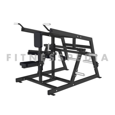 A seated dip machine designed for upper body strength training. The equipment features padded seat and knee supports, adjustable handles, and resistance settings