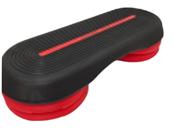 A fitness step board with a non-slip, textured surface and a sturdy, adjustable frame. The board is placed on a gym floor with a neutral-colored background, showcasing its sleek design.