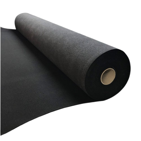 Heavy-duty rubber rolls used for gym flooring, providing shock absorption and slip resistance. The rolls are black with optional speckled color patterns, rolled out across a clean, flat surface for impact protection during workouts."