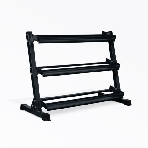 A sturdy triple-tier dumbbell stand designed to hold multiple pairs of dumbbells. The rack features a heavy-duty steel frame with angled shelves for easy access and secure storage. Ideal for organizing dumbbells in home gyms or commercial fitness centers.