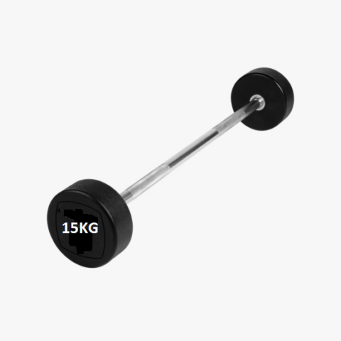 A 15kg straight barbell with black rubber-coated weight plates on each side. The barbell is made of solid steel, with a smooth metallic finish and knurled grip sections on the handle. The plates are labeled with clear "15kg" markings and are attached securely to the bar